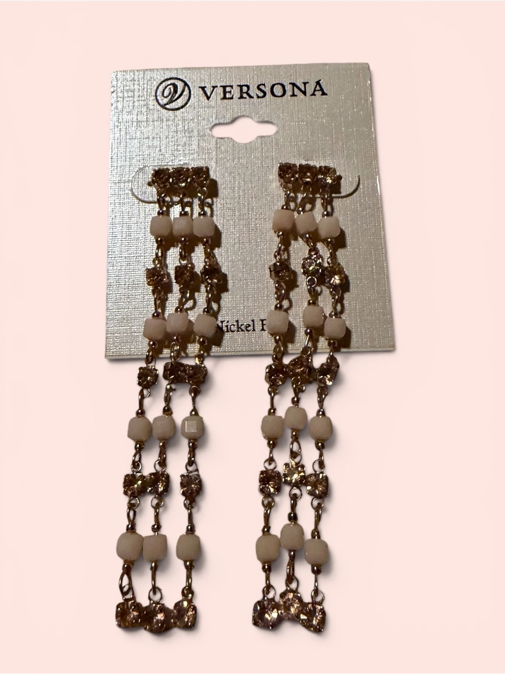 Versona Gold-tone Long Dangle Earrings with Cream Beads and Rhinestones